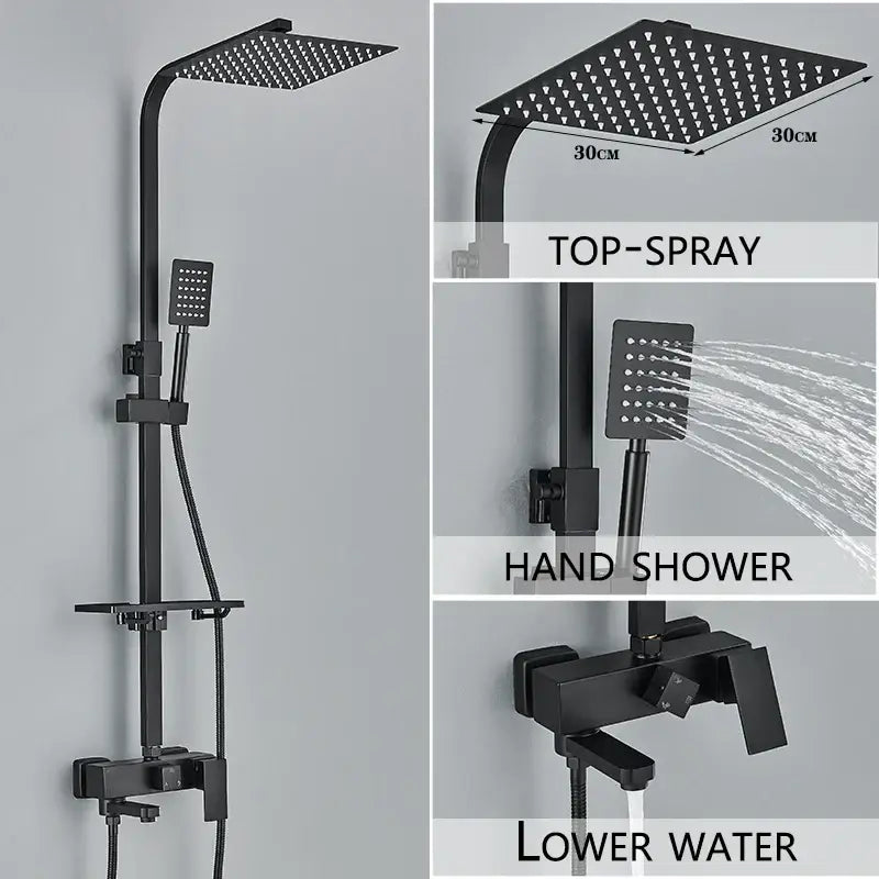 Modern gold rain shower system with black matte finish featuring 30cm square top spray and handheld showerhead