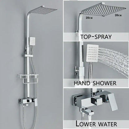 Modern chrome-finished shower system with square rainhead handheld spray and integrated control valve for bathroom use