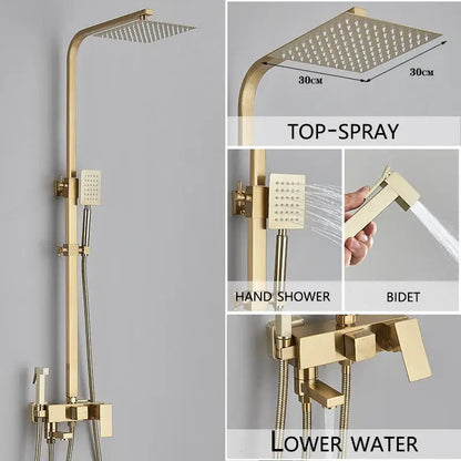 Modern gold rain shower system with square 30cm top spray hand shower and bidet attachment for bathroom use