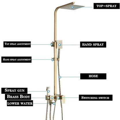 Modern gold rain shower system with brass finish featuring square top spray, hand spray, and adjustable hose for bathroom use