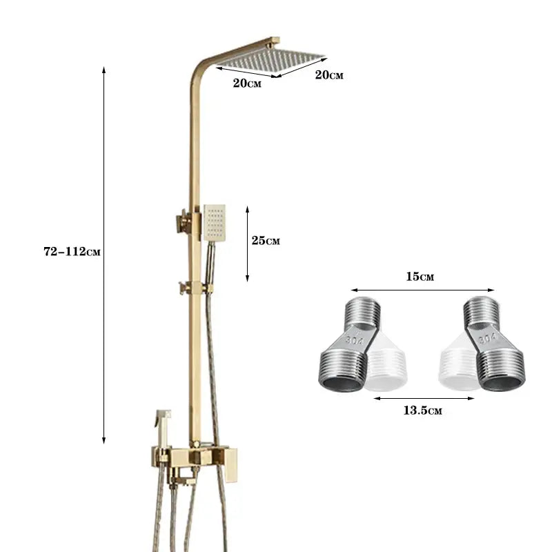 Modern gold rain shower system with 20cm square rainhead and adjustable handheld sprayer featuring matching brass fixtures