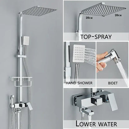 Modern chrome-finished shower system with square rainhead handheld shower and bidet attachment for bathroom use