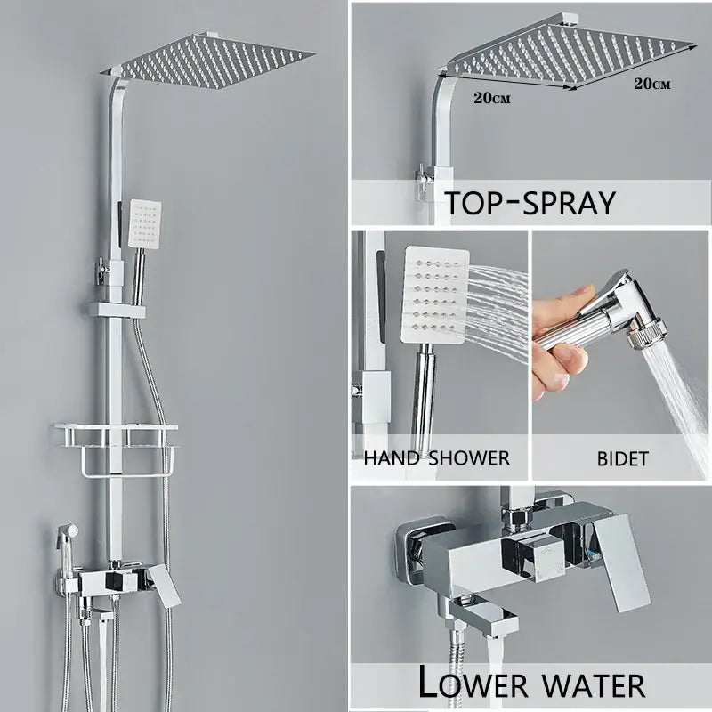 Modern chrome-finished shower system with square rainhead handheld shower and bidet attachment for bathroom use