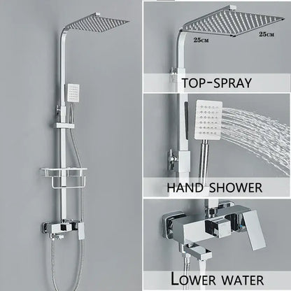 Modern gold rain shower system with chrome finish featuring square rainhead handheld spray and sleek faucet design