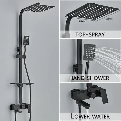 Modern black matte finish shower system with square top spray and handheld sprayer for bathroom use