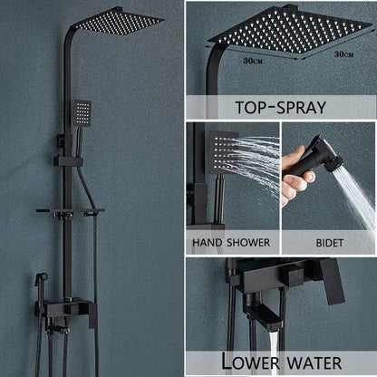 Modern black matte shower system with square rainhead handheld shower and bidet spray for bathroom use
