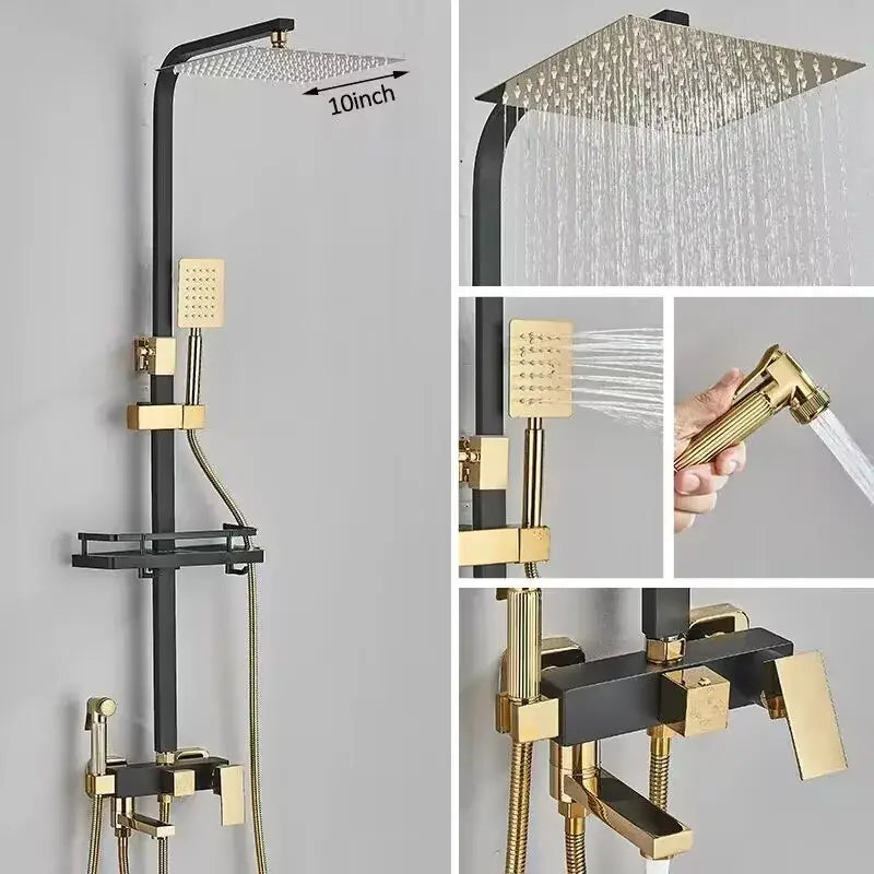 Modern gold rain shower system with handheld sprayer featuring a 10-inch matte black and brushed gold rainhead