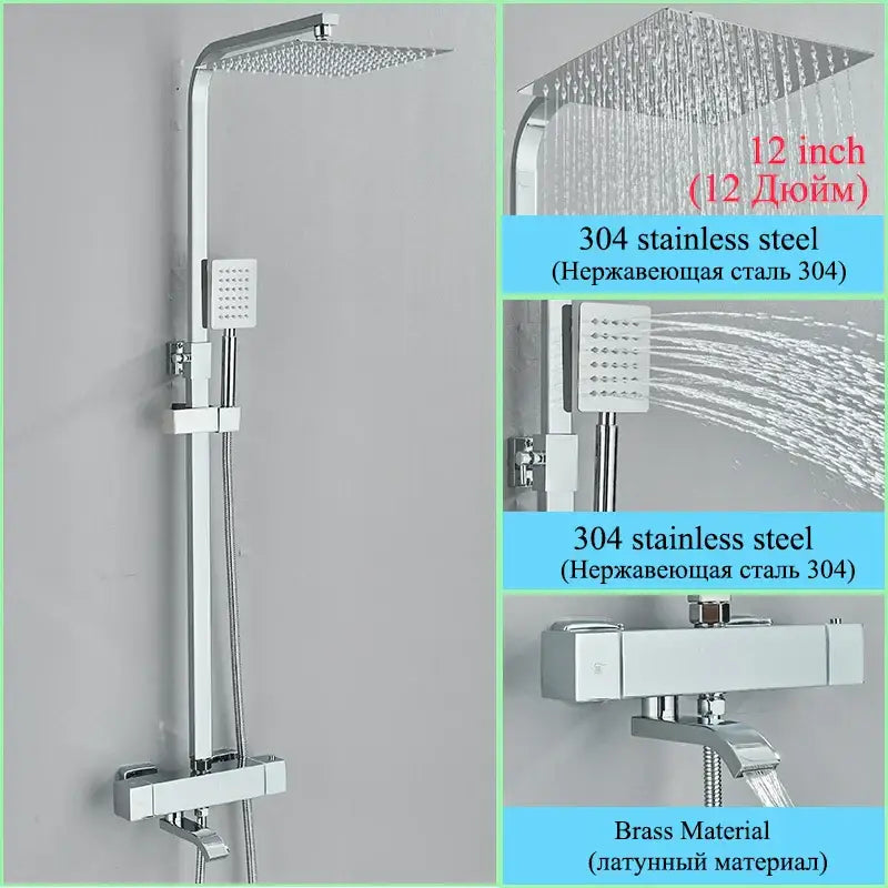 Modern chrome finished 304 stainless steel shower faucet set with large square rainhead and handheld spray nozzle for bathroom use