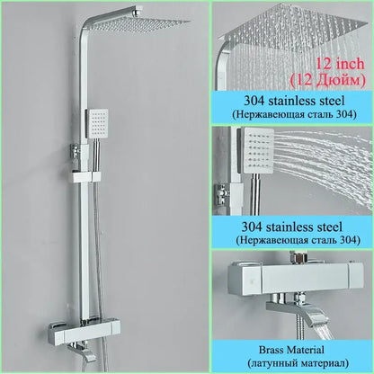 Modern chrome finished 304 stainless steel shower faucet set with large square rainhead and handheld spray nozzle for bathroom use