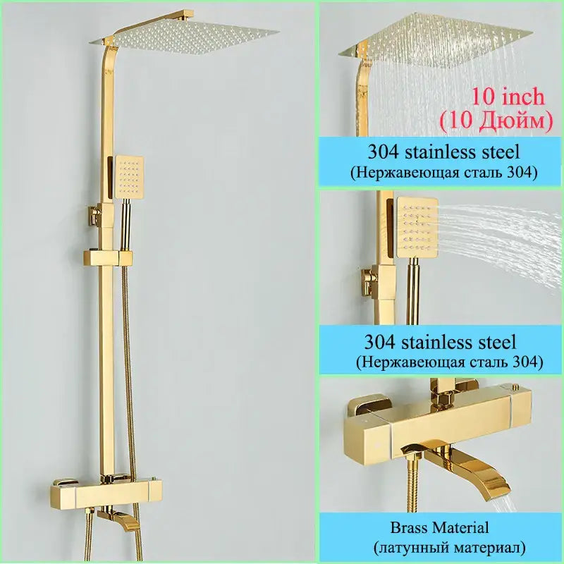 Modern gold rainfall shower faucet set featuring a gold-finished 304 stainless steel and brass shower faucet set with square rainhead and handheld spray