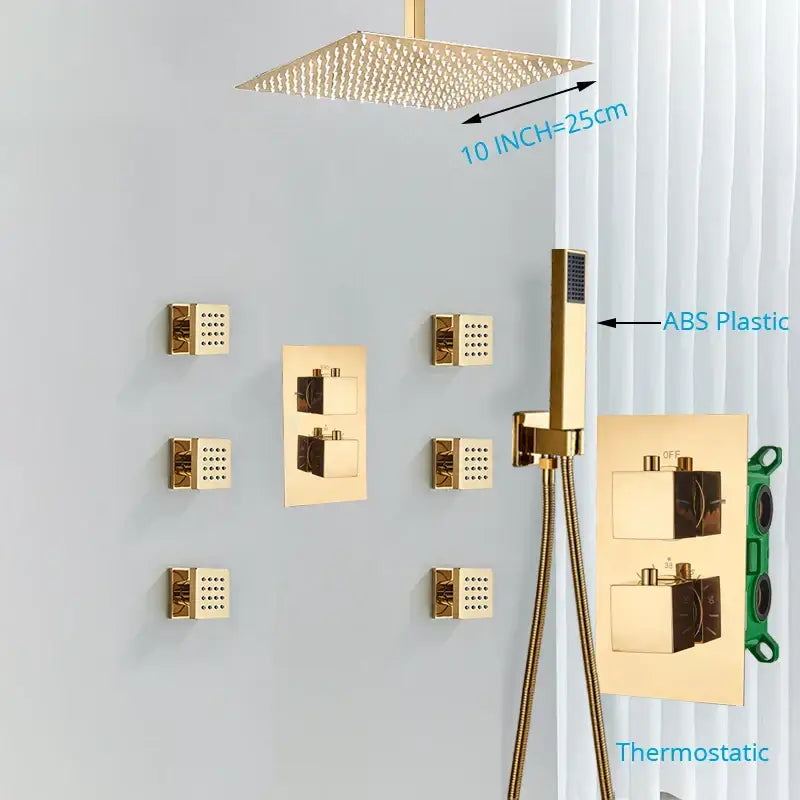 Modern gold rainfall shower head system with massage jets featuring a 10-inch gold rainfall shower head decorbites gold rainfall