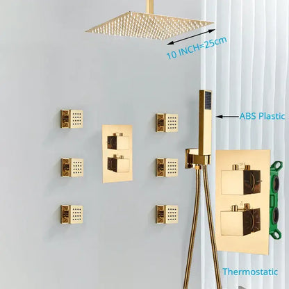 Modern gold rainfall shower head system with massage jets featuring a 10-inch gold rainfall shower head decorbites gold rainfall
