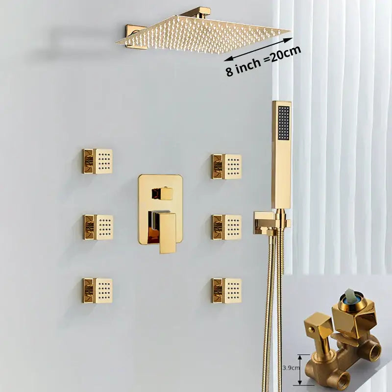 Modern gold rainfall shower head system featuring an 8-inch gold rainfall shower head with textured surface decorbites gold rainfall