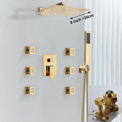 Modern gold rainfall shower head system featuring an 8-inch gold rainfall shower head with textured surface decorbites gold rainfall