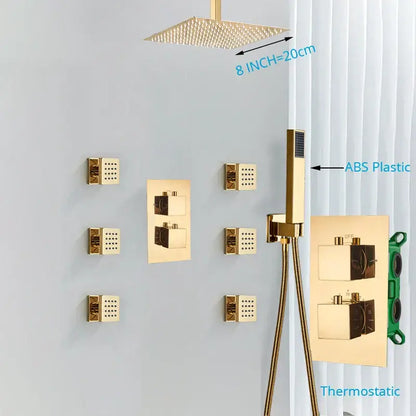 Modern gold rainfall shower head system with massage jets featuring a gold rainfall shower square rainhead and wall nozzles
