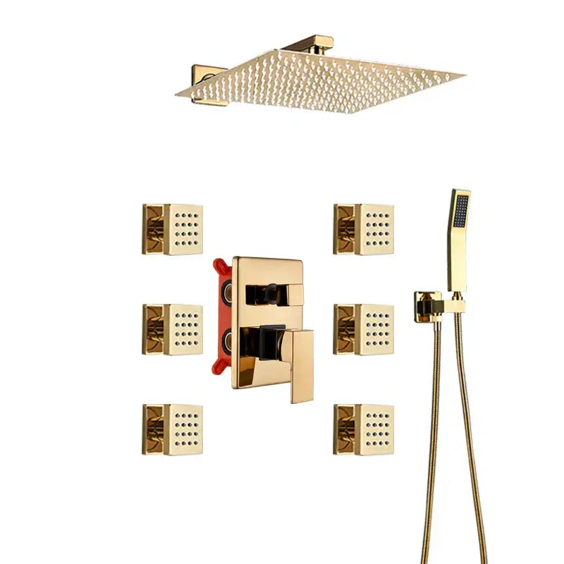 Modern gold rainfall shower head system with massage jets featuring a gold-finished square decorbites gold rainfall shower head with diamond pattern