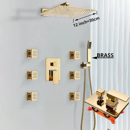 Modern gold rainfall shower head system with massage jets featuring a 12-inch square rainhead and gold finished brass decorbites shower head