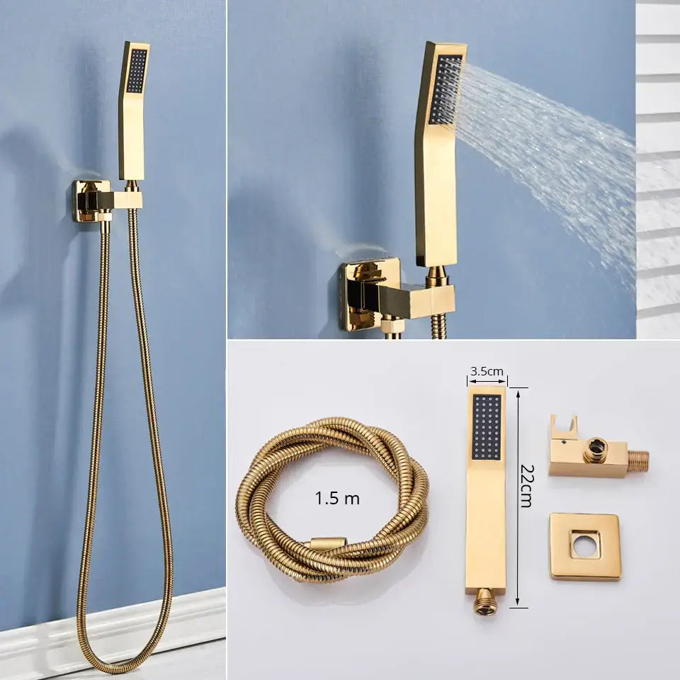 Modern gold rainfall shower system with decorbites gold rainfall shower head featuring sleek rectangular textured spray face