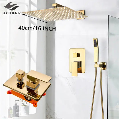 Modern gold rainfall shower system featuring a gold-finished 40cm square decorbites gold rainfall shower head with diamond texture