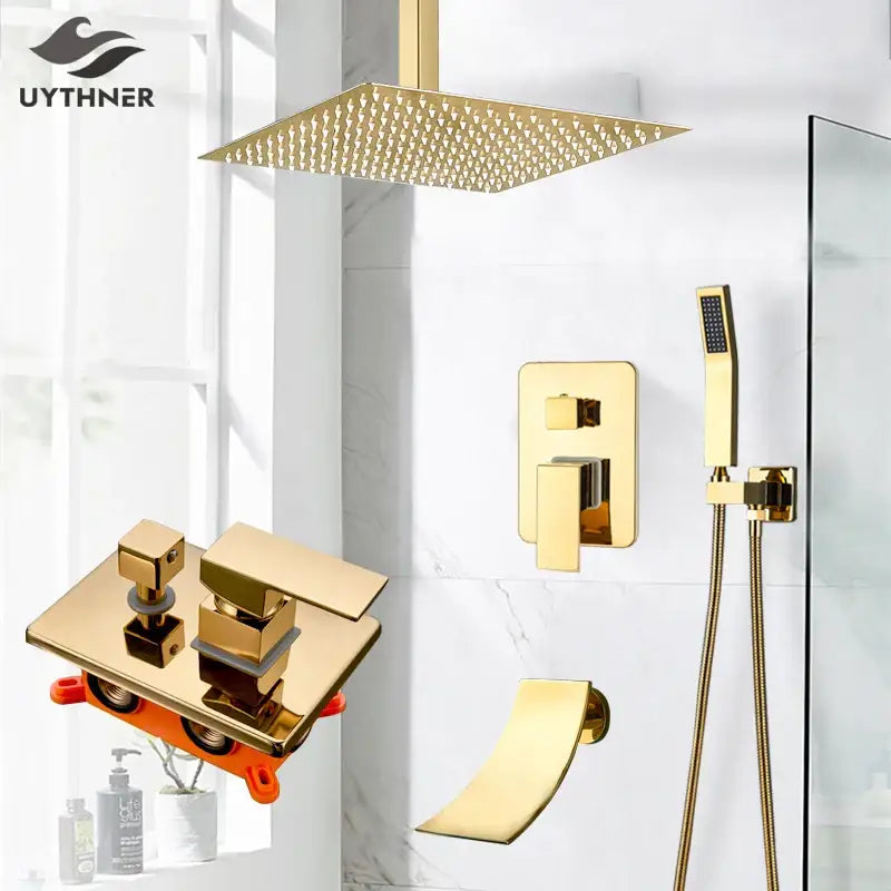 Modern gold rainfall shower system featuring a gold-finished square rain shower head with textured diamond pattern decorbites gold rainfall