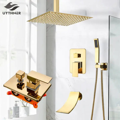 Modern gold rainfall shower system featuring a gold-finished square rain shower head with textured diamond pattern decorbites gold rainfall