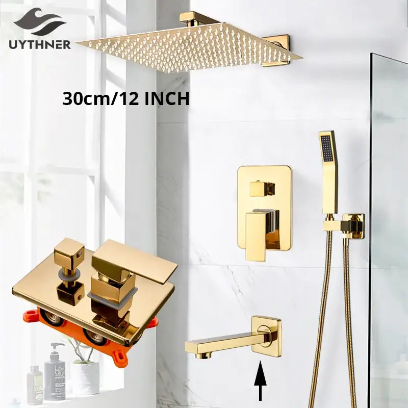 Modern gold rainfall shower system featuring a gold-finished square showerhead with diamond-patterned surface decorbites gold rainfall