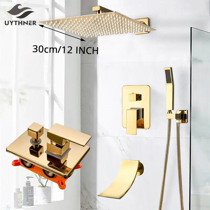 Modern gold rainfall shower system with decorbites gold rainfall 30cm gold rainfall shower head with textured surface