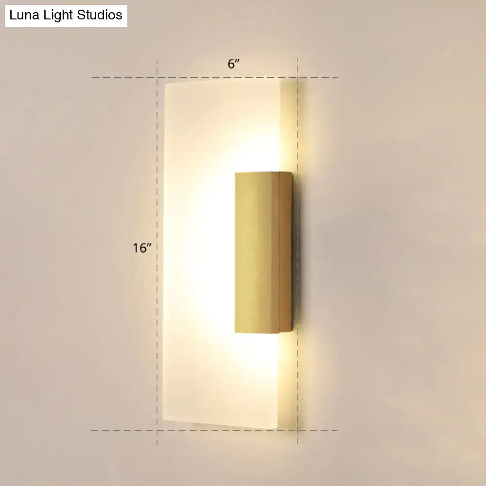 Modern gold rectangular acrylic wall sconce with frosted glass diffuser and brushed brass accent bulb included