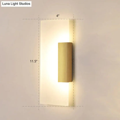 Modern gold rectangular acrylic wall sconce with frosted glass diffuser brushed brass accents bulb included for hallway use