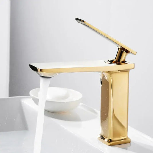 Modern gold rectangular brass basin faucet with sleek metallic finish and minimalist design for bathroom mixer tap