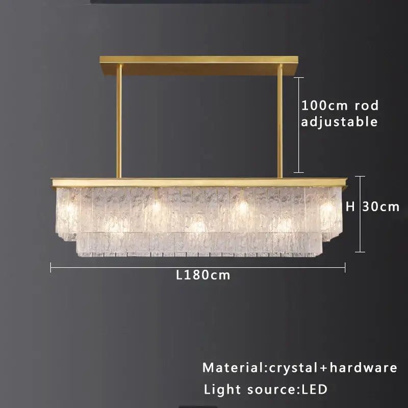 Modern gold rectangular crystal glass ceiling chandelier with layered textured panels and LED lighting for dining room decorbites crystal glass