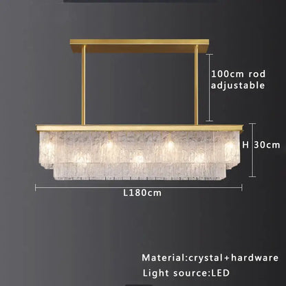 Modern gold rectangular crystal glass ceiling chandelier with layered textured panels and LED lighting for dining room decorbites crystal glass