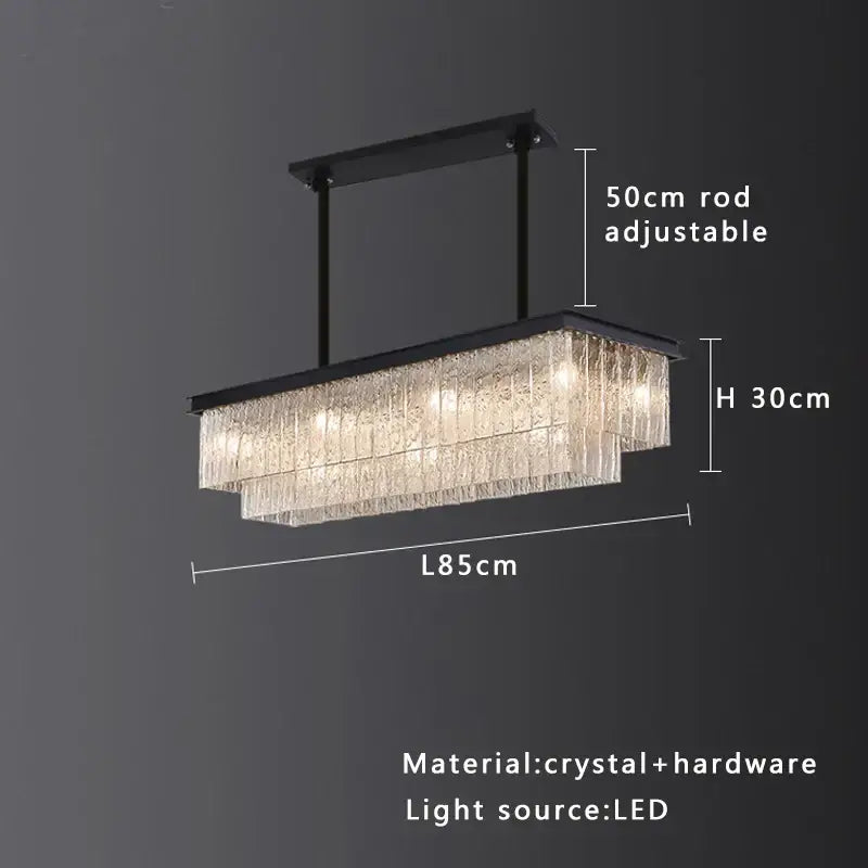 Modern gold rectangular crystal glass ceiling chandelier with black metal hardware and adjustable rod for dining room decorbites crystal glass