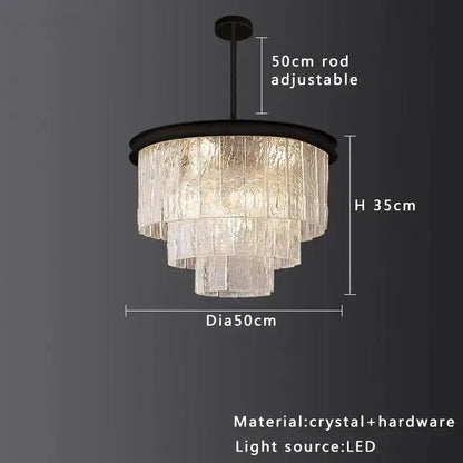 Modern gold rectangular decorbites crystal glass ceiling chandelier with black metal frame and cascading frosted glass panels
