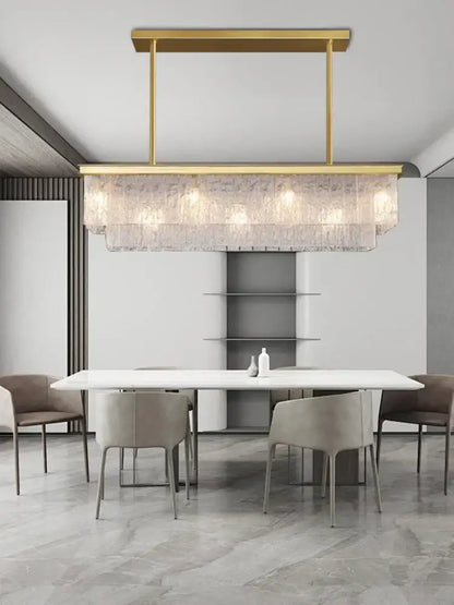 Modern gold rectangular crystal glass ceiling chandelier with textured translucent panels for dining room decorbites crystal glass