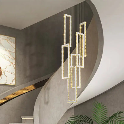 Modern gold rectangular crystal led pendant light with cascading geometric frames for stairs by decorbites crystal led