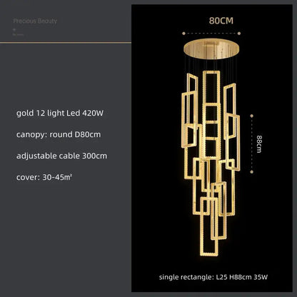 Modern gold rectangular crystal led pendant light with cascading geometric frames and 12 led lights for stairs decorbites crystal led pendant light