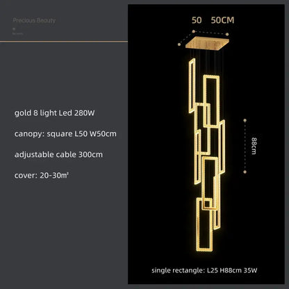 Modern gold rectangular crystal led pendant light with geometric modules suspended from a square canopy for stairs decorbites crystal led pendant