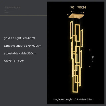 Modern gold rectangular crystal led pendant light with geometric cascading modules for stairs decorbites crystal led
