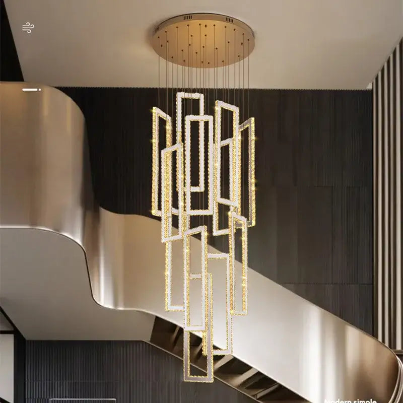 Modern gold rectangular crystal led pendant light with cascading frames for stairs by decorbites crystal led