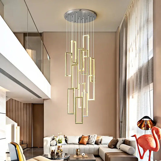 Modern gold rectangular crystal led pendant light with sleek minimalist design hanging from circular ceiling mount