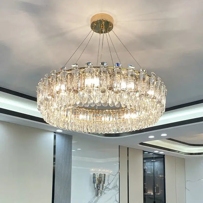 Modern gold rectangular crystal pendant chandelier with double-tiered decorbites crystal prisms for dining room light
