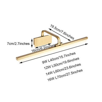 Modern gold rectangular led vanity light with sleek metal bar and integrated handle for bathroom wall mounting