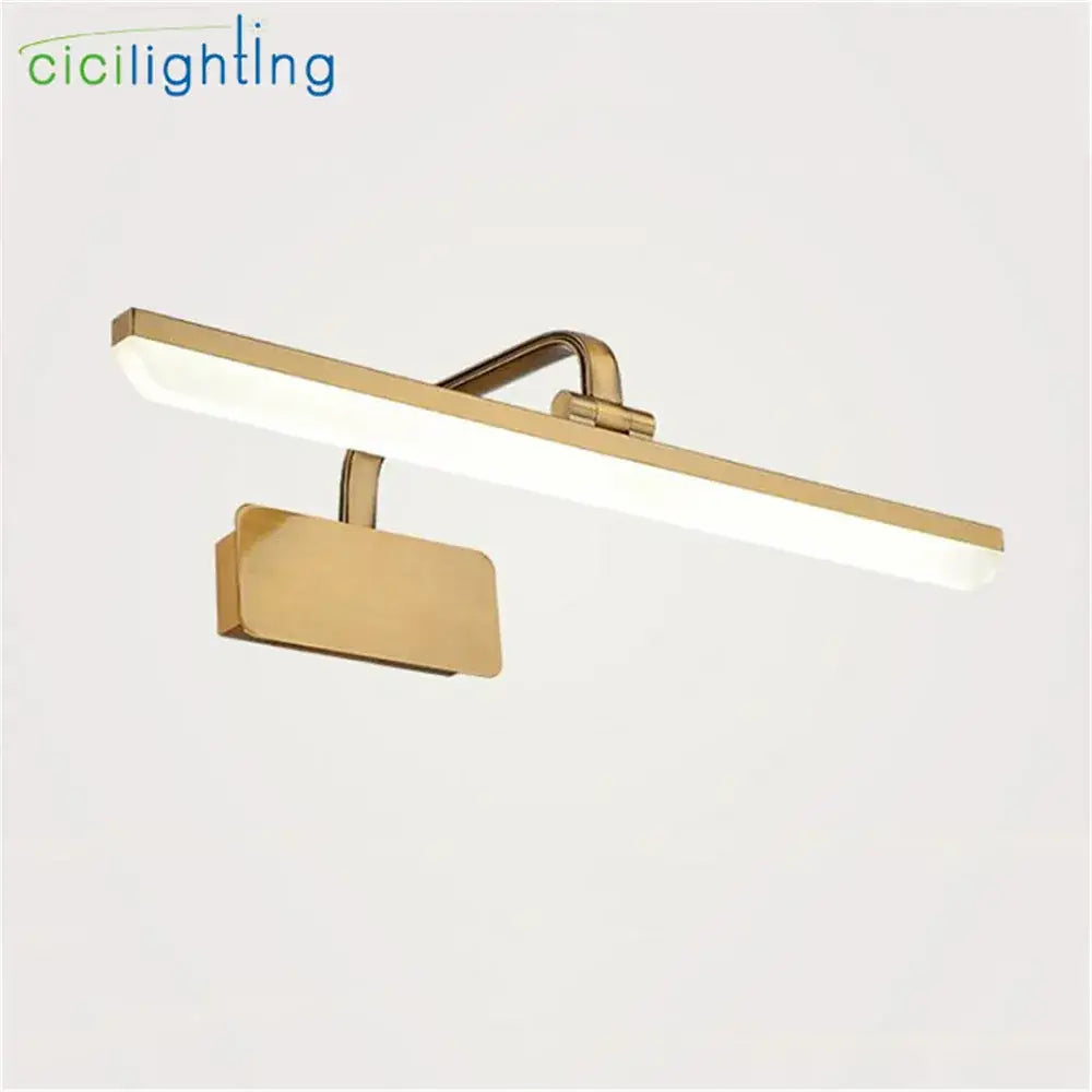 Modern gold rectangular led vanity lights with a sleek design and curved mounting bracket for bathroom walls