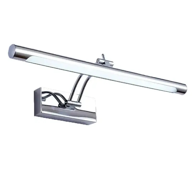 Chrome finished rectangular led vanity mirror light with sleek modern design and adjustable arm for bathroom use
