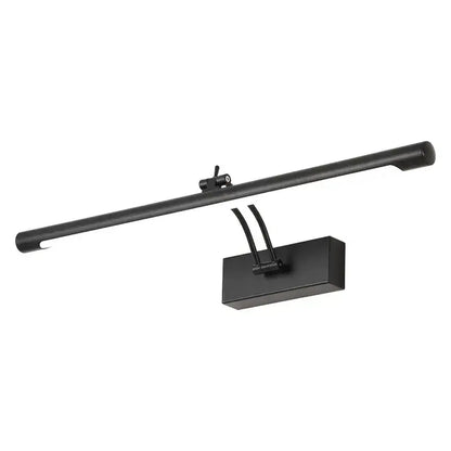 Modern black matte vanity mirror light with sleek rectangular base and elongated cylindrical bar for bathroom use