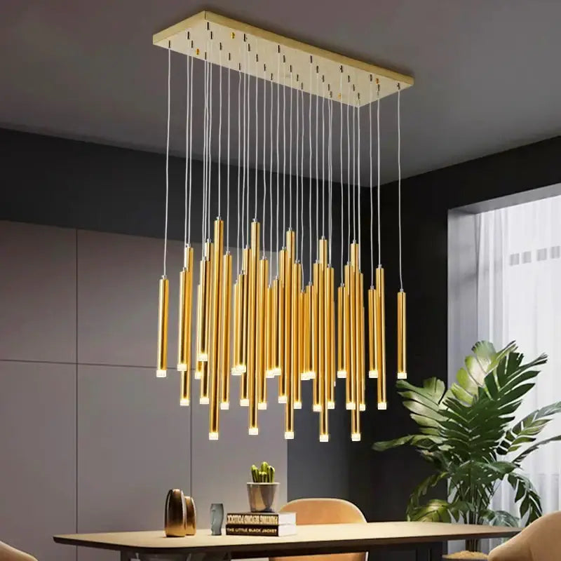 Modern gold rectangular pendant lights dining room chandelier with multiple vertical cylindrical light fixtures by decorbites elegant