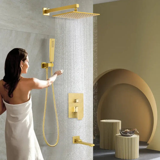 Modern gold rectangular rainfall shower head with matching handheld shower and faucet assembly in gold tone