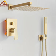 Modern gold rectangular rainfall shower system with gold-finished sleek design and multiple spray nozzles for bathroom use