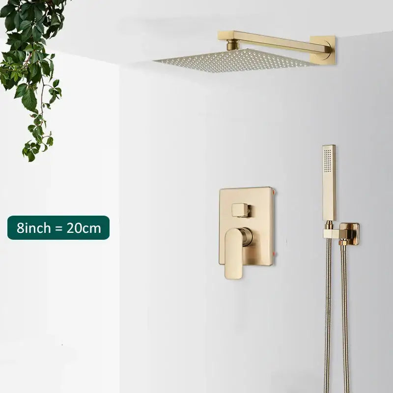 Modern gold rectangular rainfall shower system with gold-toned square rain shower head and perforated surface